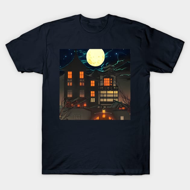 Halloween Moon Horror Housing Area in the Dark Goth T-Shirt by DaysuCollege